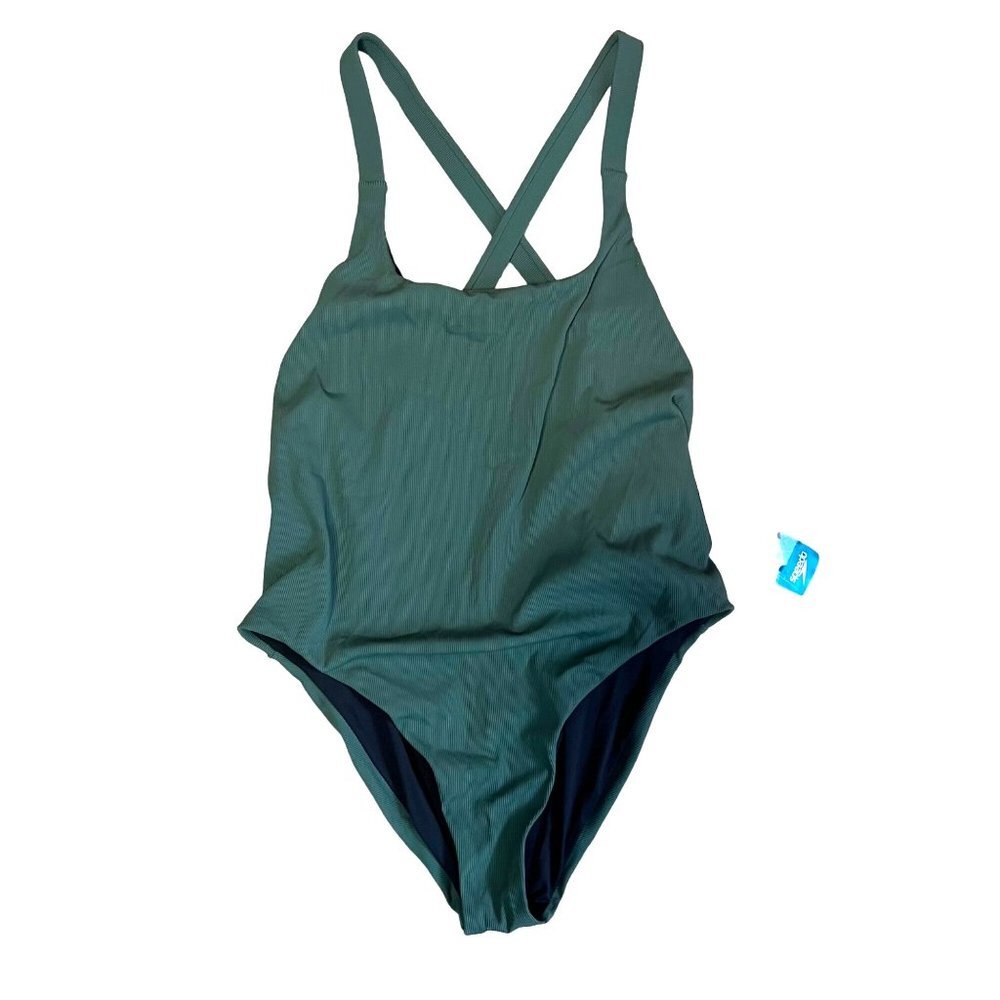 NWT Speedo Micro Ribbed Crossback One Piece Swimsuit High Cut Bottle Green L